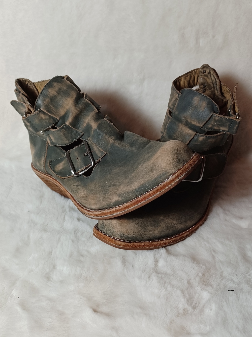 Latigo Distressed Green Leather Ankle Booties with Buckle Detail